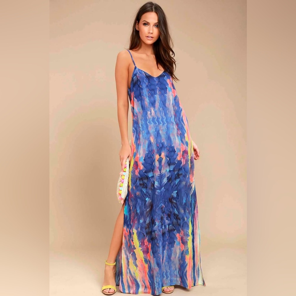 Flying Watercolors Royal Blue Print Maxi Dress 🦋